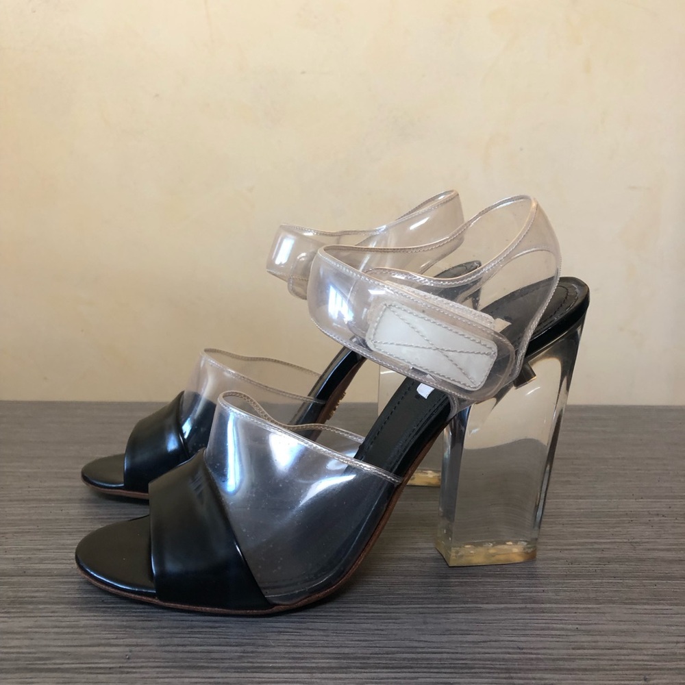 PRADA Lucite PVC Clear Black Block Heel Velcro Ankle Strap SS 2010 Runway 37.5 - Picture 3 of 14